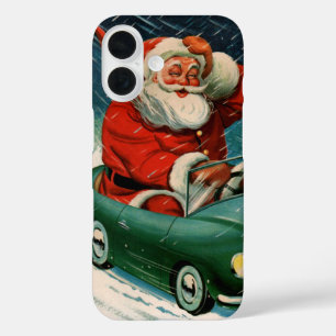 Vintage kerst, Kerstman in een Schattigee auto iPhone 16 Hoesje