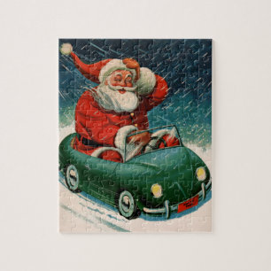 Vintage kerst, Kerstman in een Schattigee auto Legpuzzel