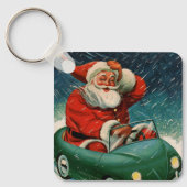 Vintage kerst, Kerstman in een Schattigee auto Sleutelhanger (Voorkant)