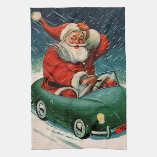 Vintage kerst, Kerstman in een Schattigee auto Theedoek (Verticaal)