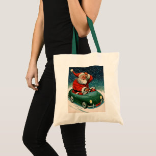 Vintage kerst, Kerstman in een Schattigee auto Tote Bag