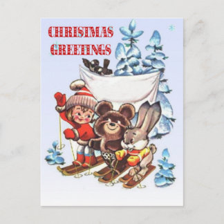 Vintage Kerst, Kind en dieren op ski's Feestdagenkaart