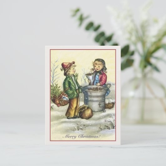 Vintage Kerst kinderen kastanjes Feestdagenkaart (Staand voorkant)