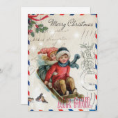 Vintage Kerst Kinderen Rijslee Feestdagenkaart (Voorkant / Achterkant)