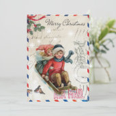 Vintage Kerst Kinderen Rijslee Feestdagenkaart (Staand voorkant)