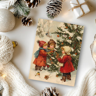 Vintage Kerst Kinderen rond de boom Briefkaart