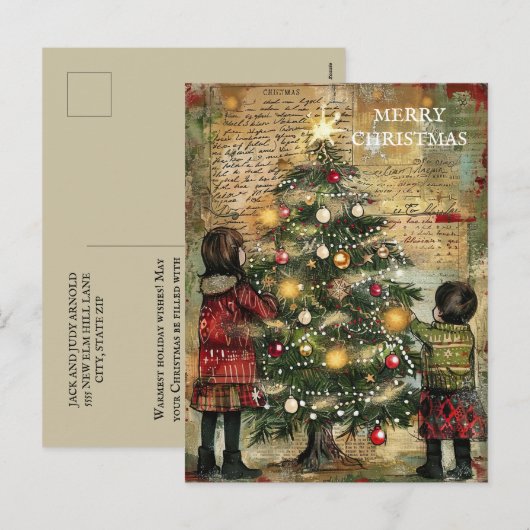 Vintage kerst kinderen versieren boom feestdagenkaart (Voorkant / Achterkant)
