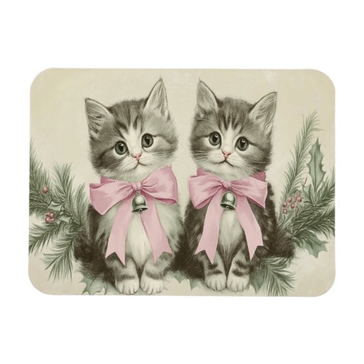 Vintage Kerst Kittens met Roze Bogen Flexibel Magneet (Horizontaal)