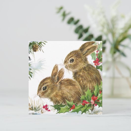 Vintage kerst konijntjes in Holly Feestdagenkaart (Staand voorkant)