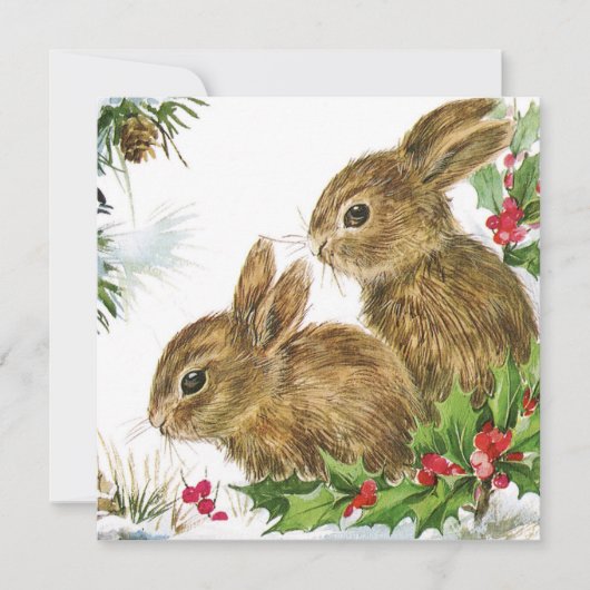 Vintage kerst konijntjes in Holly Feestdagenkaart (Voorkant)