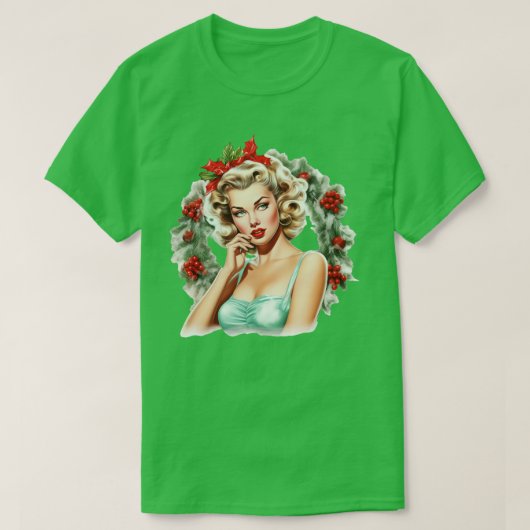 Vintage kerst krans blond pinup t-shirt (Design voorkant)