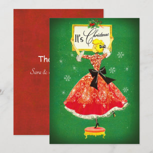 Vintage Kerst lijst groen rood glitter meisje Bedankkaart