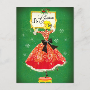 Vintage Kerst lijst groen rood glitter meisje Briefkaart