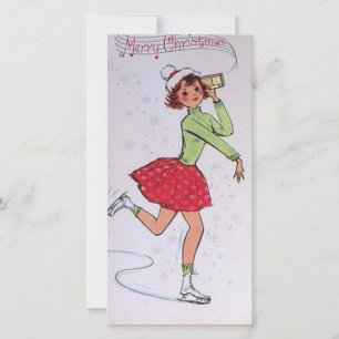 Vintage kerst meisje kunstschaatsen feestdagenkaart