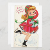 Vintage kerst meisje kunstschaatsen feestdagenkaart (Voorkant / Achterkant)