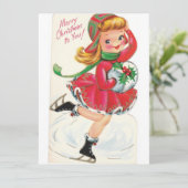 Vintage kerst meisje kunstschaatsen feestdagenkaart (Staand voorkant)