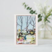 Vintage Kerst meisje vrouw koets Feestdagenkaart (Staand voorkant)