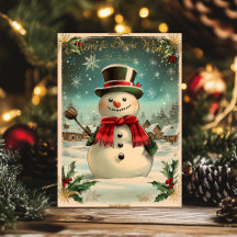 Vintage kerst met sneeuwman en feestelijk dorp