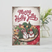 Vintage kerst met sneeuwpoppen en boomkoekjes feestdagenkaart (Staand voorkant)