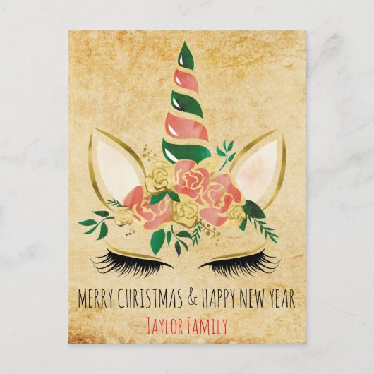 Vintage Kerst Nieuwjaar Winter Eenhoorn Briefkaart (Voorkant)