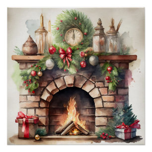 Vintage kerst open haard met decoraties perfect poster