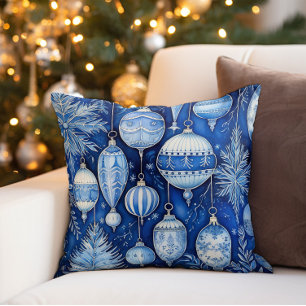Vintage Kerst Ornamenten Blauw Wit Kussen