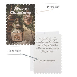 Vintage kerst ornamenten en een kerstboom feestdagenkaart