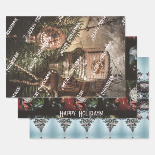 Vintage kerst ornamenten en een kerstboom inpakpapier vel