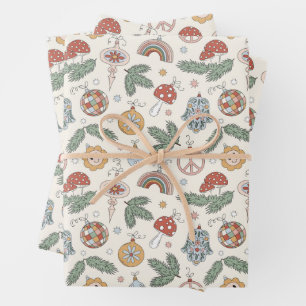 Vintage Kerst Ornamenten en Vredestekenen Inpakpapier Vel