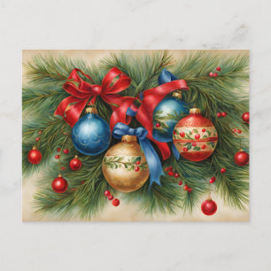 Vintage Kerst Ornamenten op Kerstboom Feestdagenkaart