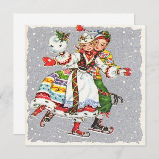 Vintage kerst paar schaatsen feestdagenkaart (Voorkant / Achterkant)