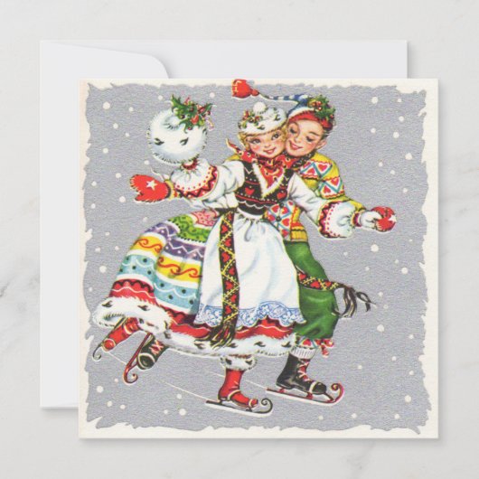 Vintage kerst paar schaatsen feestdagenkaart (Voorkant)