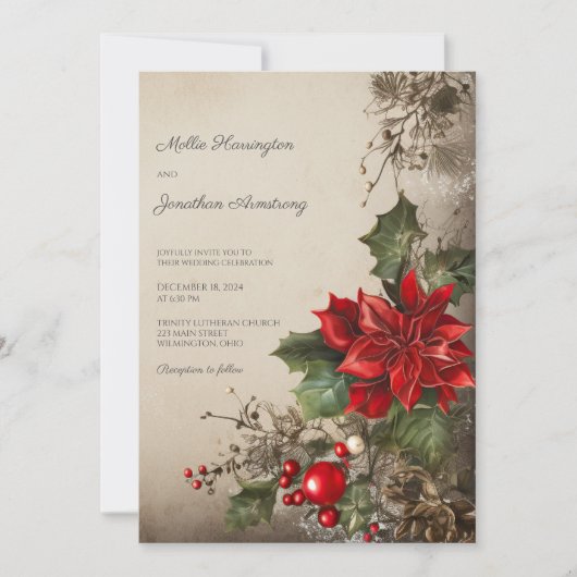 Vintage Kerst Pine & Poinsettias Bruiloft Kaart (Voorkant)