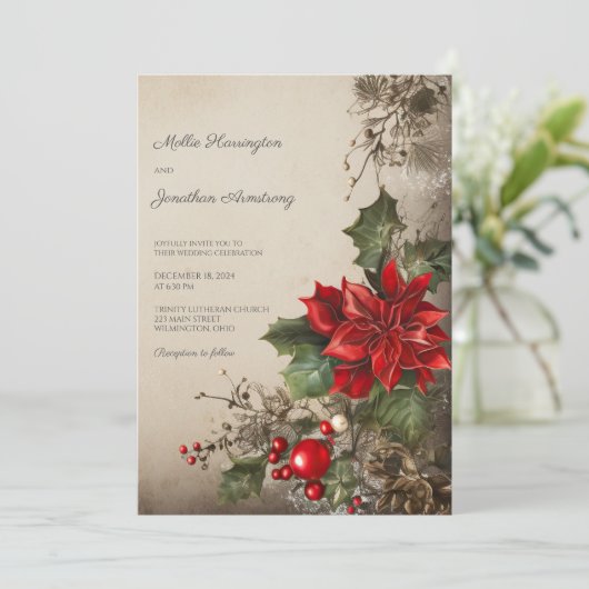 Vintage Kerst Pine & Poinsettias Bruiloft Kaart (Staand voorkant)