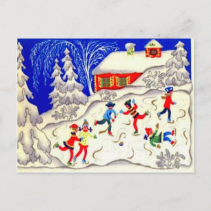 Vintage kerst plezier, schaatsen op de vijver feestdagenkaart