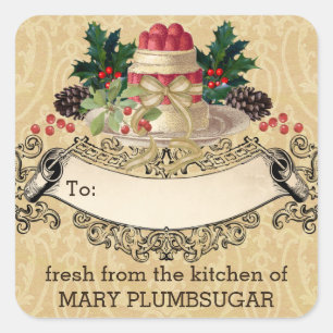 Vintage kerst pudding koken bakken voedsel cadeau vierkante sticker