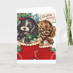 Vintage Kerst Puppies in Kousen Kaart