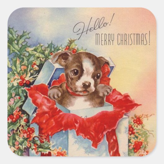 Vintage kerst puppy in cadeau vierkante sticker (Voorkant)
