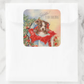 Vintage kerst puppy in cadeau vierkante sticker (Tas)