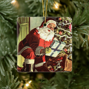 Vintage Kerst, Retro Sinterklaas met Cadeaus Keramisch Ornament