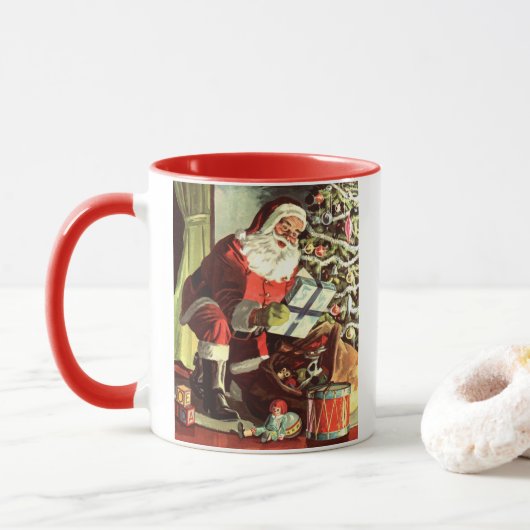 Vintage Kerst, Retro Sinterklaas met Cadeaus Mok (Met donut)