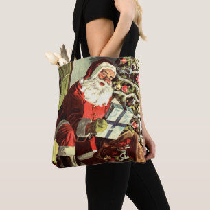 Vintage Kerst, Retro Sinterklaas met Cadeaus Tote Bag