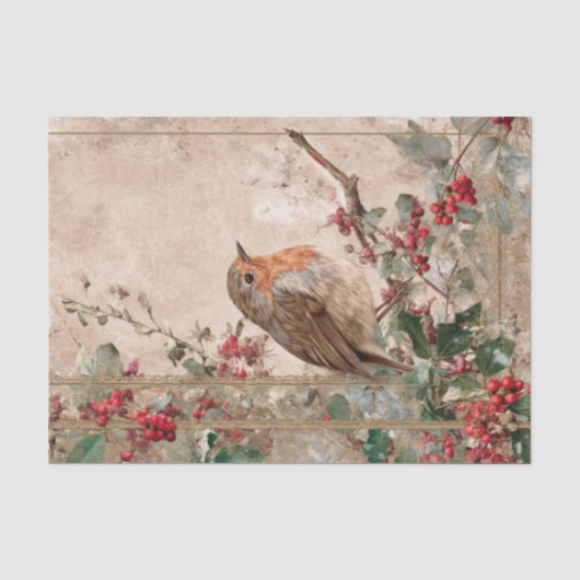 Vintage Kerst Robin en Kersen Decoupage Tissuepapier (Voorkant)