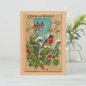 Vintage Kerst Robins & Holly op Rustiek Hout Feestdagenkaart (Staand voorkant)