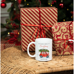 Vintage Kerst Rode Auto & Boom Koffiemok