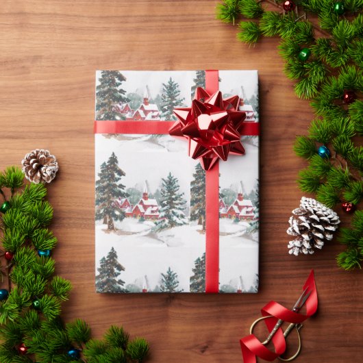 Vintage Kerst Rode Kerk Pijnbomen Sneeuw Cadeaupapier (Feestdagen Geschenken)