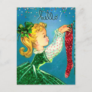 Vintage Kerst rode sokken glitter meisje monogram Briefkaart
