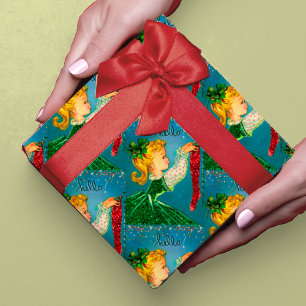 Vintage Kerst rode sokken glitter meisje monogram Cadeaupapier