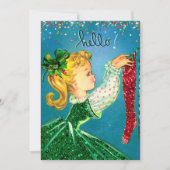 Vintage Kerst rode sokken glitter meisje monogram Feestdagenkaart (Voorkant)