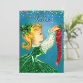 Vintage Kerst rode sokken glitter meisje monogram Kaart (Staand voorkant)